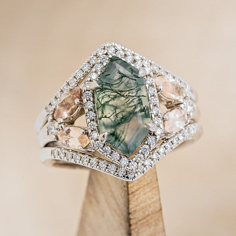  Shown here is "Zia",  a bridal suite-style moss agate women's engagement ring with sunstone accents and diamond tracers, front facing, slight lean to the left. Many other center stone options are available upon request. 