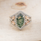 "ZIA" - BRIDAL SUITE - ELONGATED HEXAGON MOSS AGATE ENGAGEMENT RING WITH SUNSTONE ACCENTS & DIAMOND TRACERS