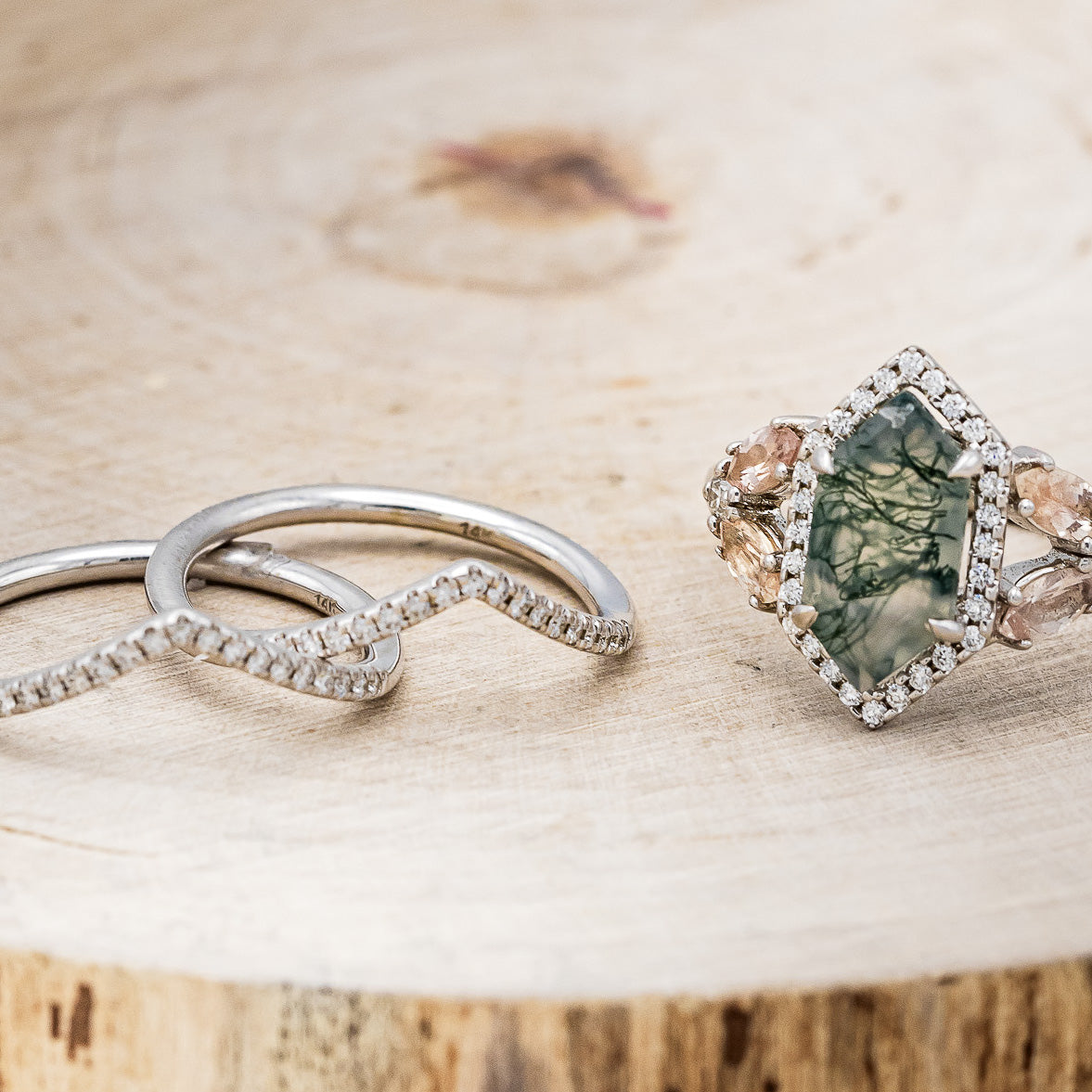 "ZIA" - BRIDAL SUITE - ELONGATED HEXAGON MOSS AGATE ENGAGEMENT RING WITH OREGON SUNSTONE ACCENTS & DIAMOND TRACERS-6