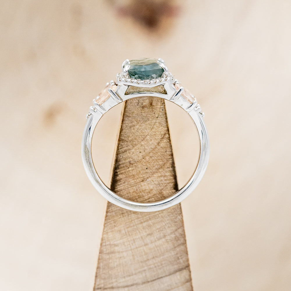 "ZIA" - BRIDAL SUITE - ELONGATED HEXAGON MOSS AGATE ENGAGEMENT RING WITH OREGON SUNSTONE ACCENTS & DIAMOND TRACERS-11
