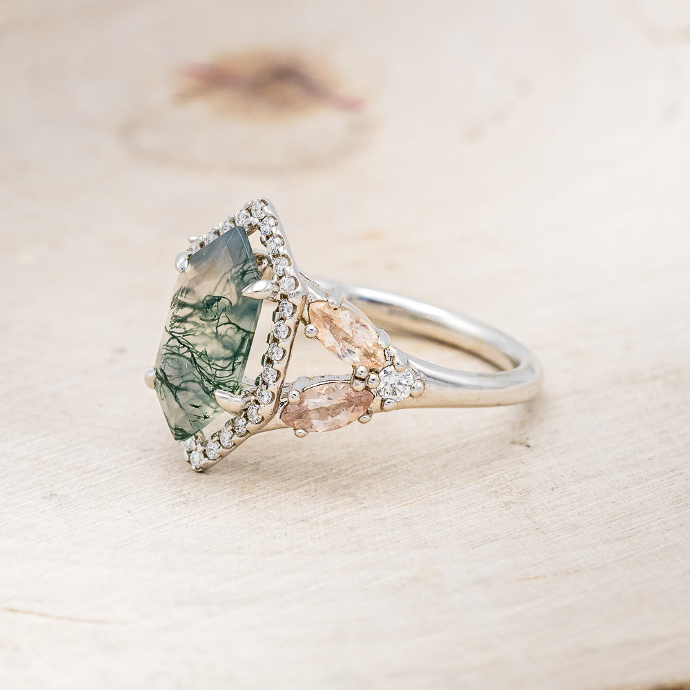 "ZIA" - BRIDAL SUITE - ELONGATED HEXAGON MOSS AGATE ENGAGEMENT RING WITH OREGON SUNSTONE ACCENTS & DIAMOND TRACERS-9