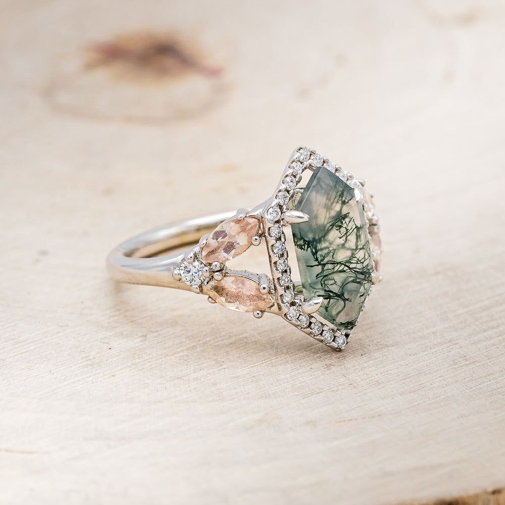 "ZIA" - BRIDAL SUITE - ELONGATED HEXAGON MOSS AGATE ENGAGEMENT RING WITH OREGON SUNSTONE ACCENTS & DIAMOND TRACERS-8