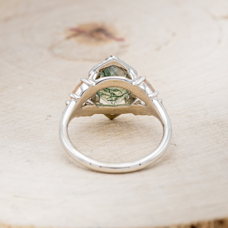 "ZIA" - BRIDAL SUITE - ELONGATED HEXAGON MOSS AGATE ENGAGEMENT RING WITH SUNSTONE ACCENTS & DIAMOND TRACERS