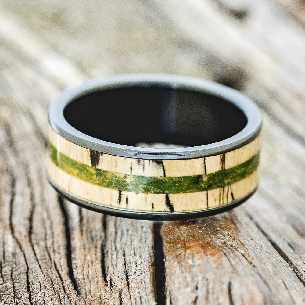 "RAINIER" - MOSS & SPALTED MAPLE WOOD WEDDING RING-3