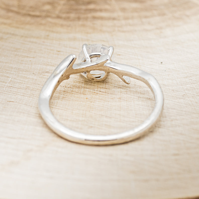 Shown here is "Artemis", an antler/branch-style round cut moonstone women's engagement ring, back view. Many other center stone options are available upon request.