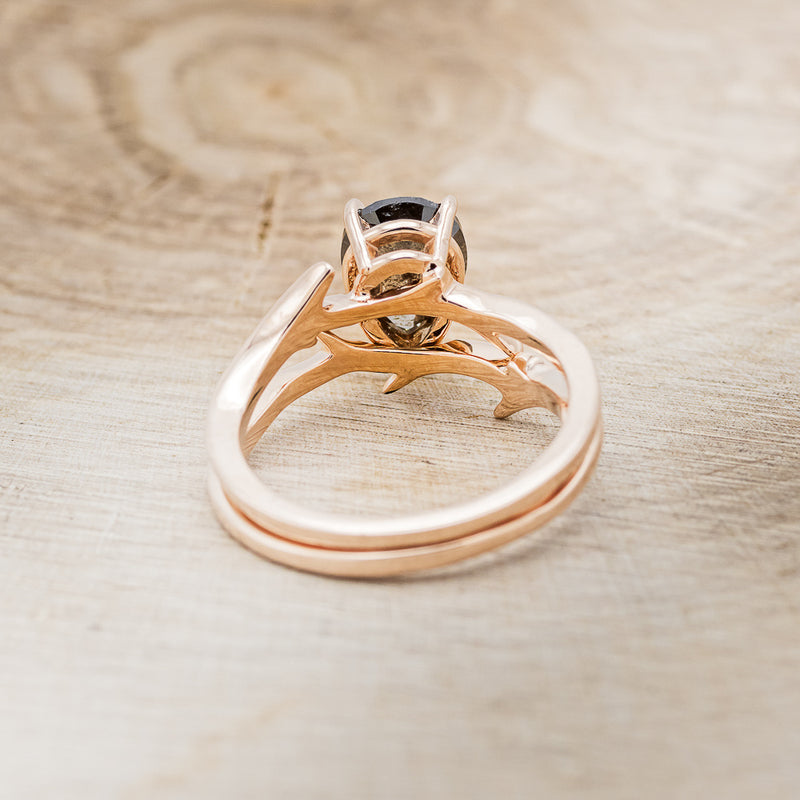 Shown here is "Artemis", a women's engagement ring with an antler-style stacking band displayed here with a pear-shaped salt and pepper diamond but listed here as a mounting-only option, back view. Follow the instructions above to select your stone.