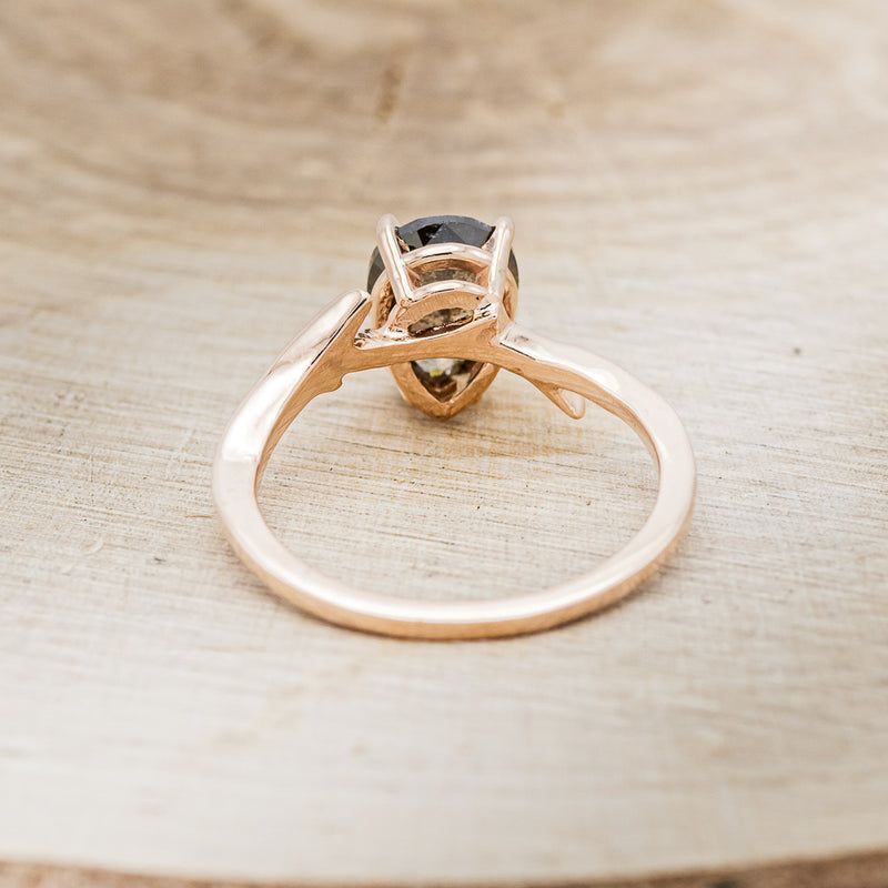Shown here is "Artemis", a women's engagement ring with an antler-style band displayed here with a pear-shaped salt and pepper diamond but listed here as a mounting-only option, back view. Follow the instructions above to select your stone.
