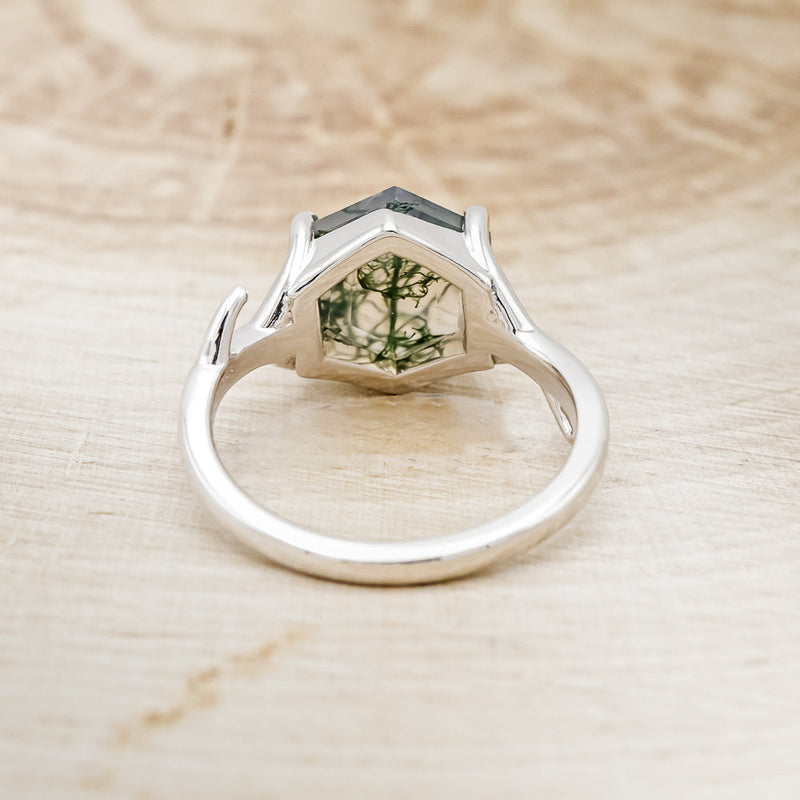 Shown here is "Artemis", an antler/branch-style moss agate women's engagement ring, back view. Many other center stone options are available upon request.