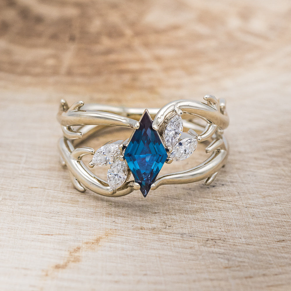 "ARTEMIS" - LOZENGE CUT LAB-GROWN ALEXANDRITE ENGAGEMENT RING WITH MARQUISE DIAMOND ACCENTS-4