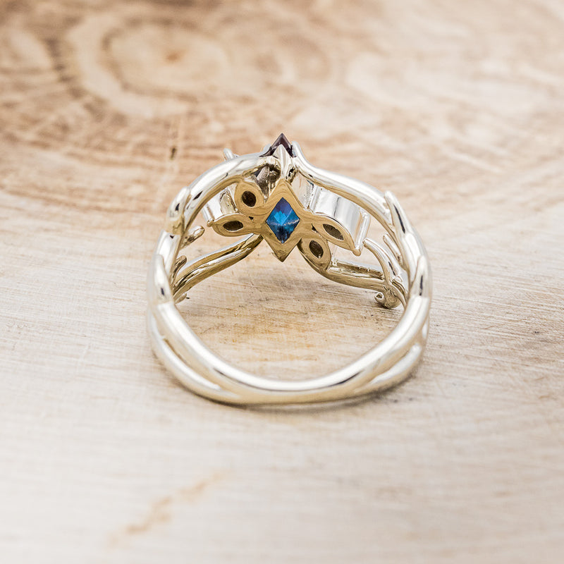 Shown here is "Artemis", an antler/branch-style lab-created alexandrite women's engagement ring with marquise diamond accents, back view. Many other center stone options are available upon request.