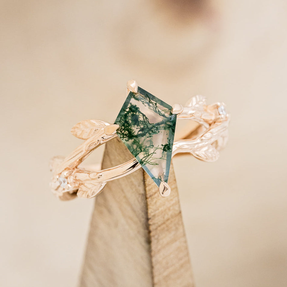 "ARTEMIS ON THE VINE" - KITE CUT MOSS AGATE ENGAGEMENT RING WITH DIAMOND ACCENTS & "BRIAR" BRANCH-STYLE TRACER-7
