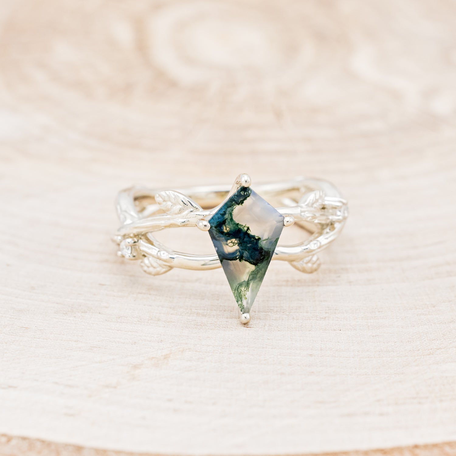 "ARTEMIS ON THE VINE" - KITE CUT MOSS AGATE ENGAGEMENT RING WITH DIAMOND ACCENTS - EXPEDITED-10
