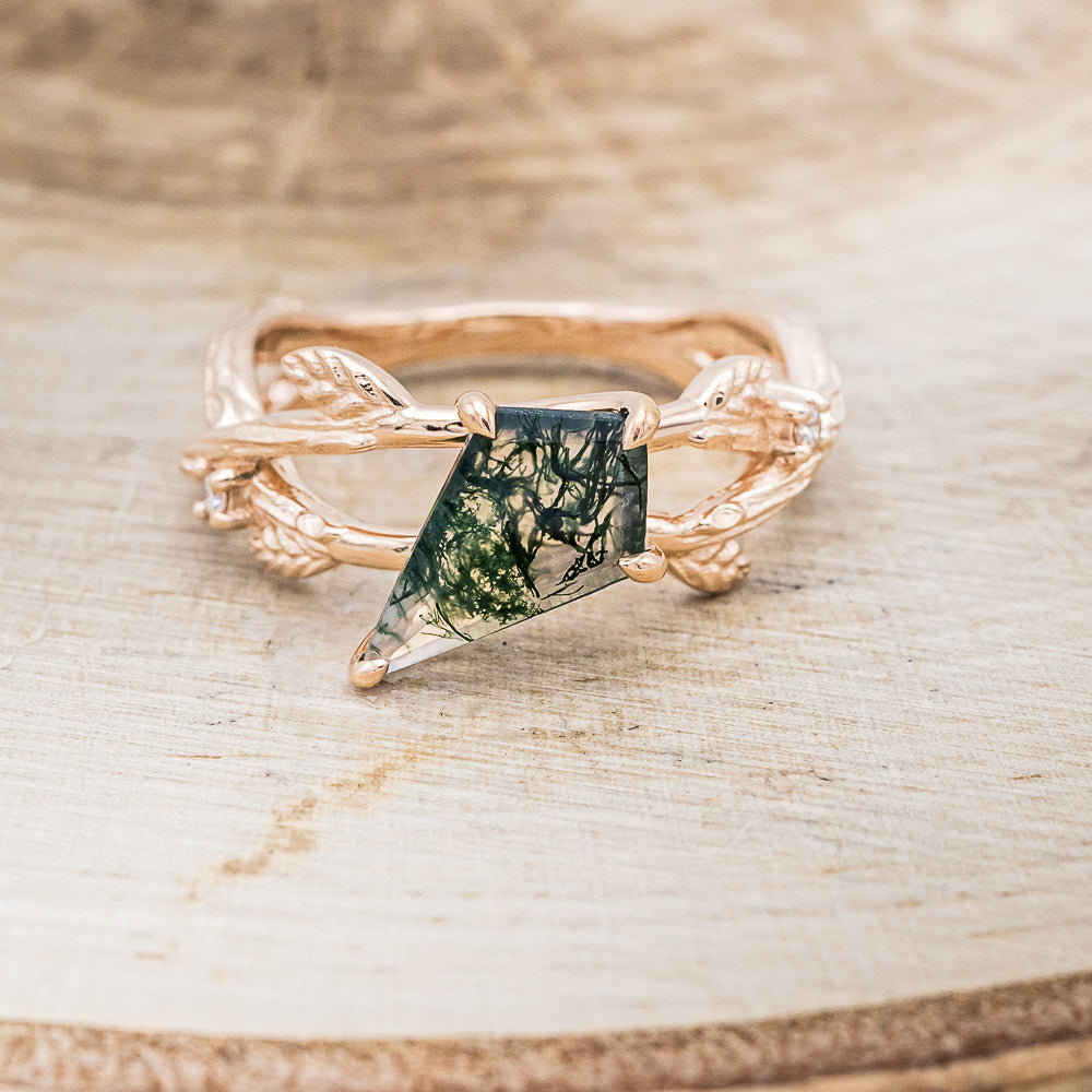 "ARTEMIS ON THE VINE" - DIAGONAL KITE CUT MOSS AGATE ENGAGEMENT RING WITH DIAMOND ACCENTS & A BRANCH-STYLE BAND-4