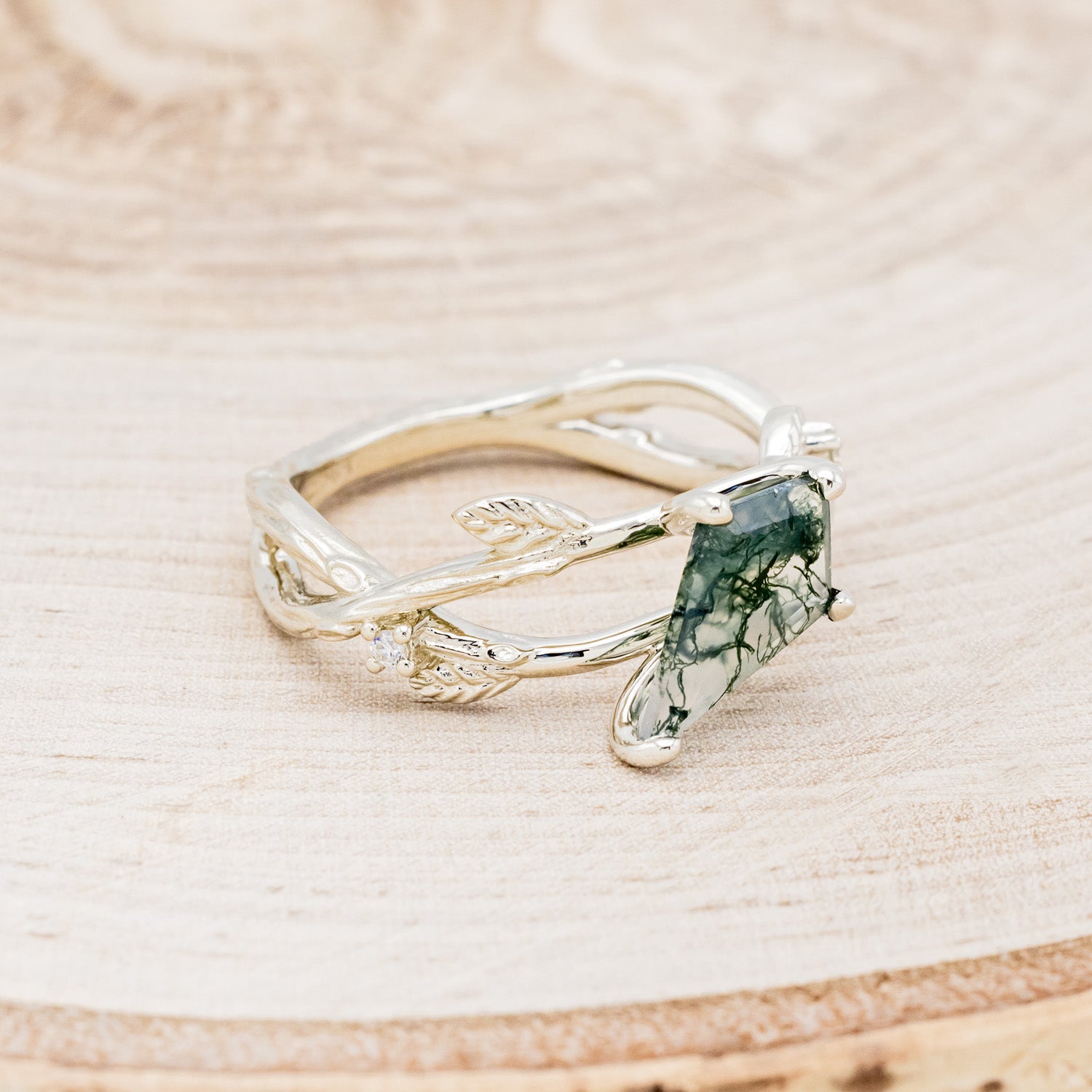 "ARTEMIS ON THE VINE" - DIAGONAL KITE CUT MOSS AGATE ENGAGEMENT RING WITH DIAMOND ACCENTS & A BRANCH-STYLE BAND-8