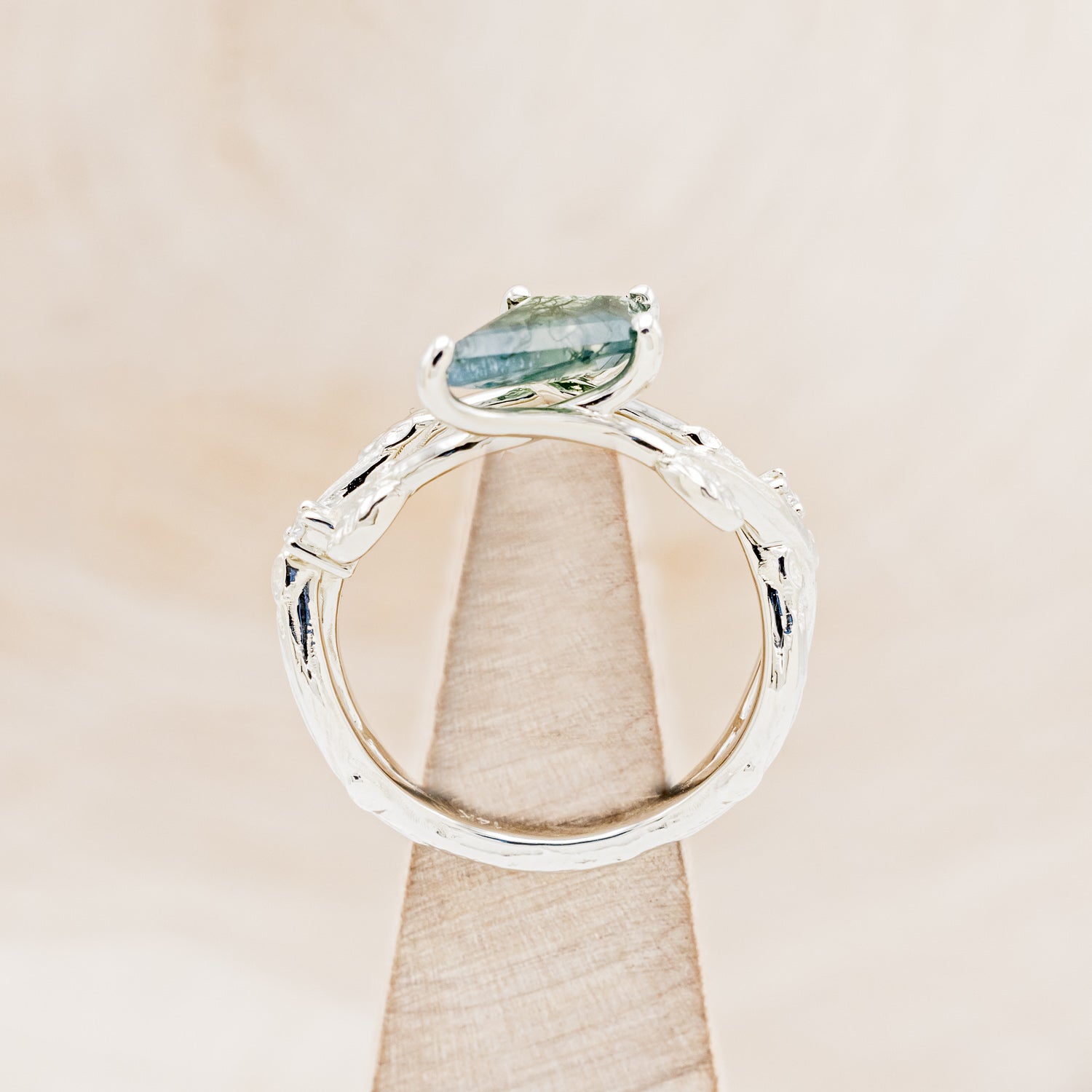 "ARTEMIS ON THE VINE" - DIAGONAL KITE CUT MOSS AGATE ENGAGEMENT RING WITH DIAMOND ACCENTS & A BRANCH-STYLE BAND-11