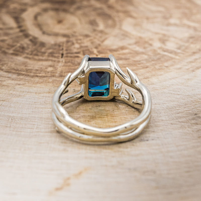 Shown here is "Artemis", an antler/branch-style lab-created alexandrite women's engagement ring with diamond accents, back view. Many other center stone options are available upon request.