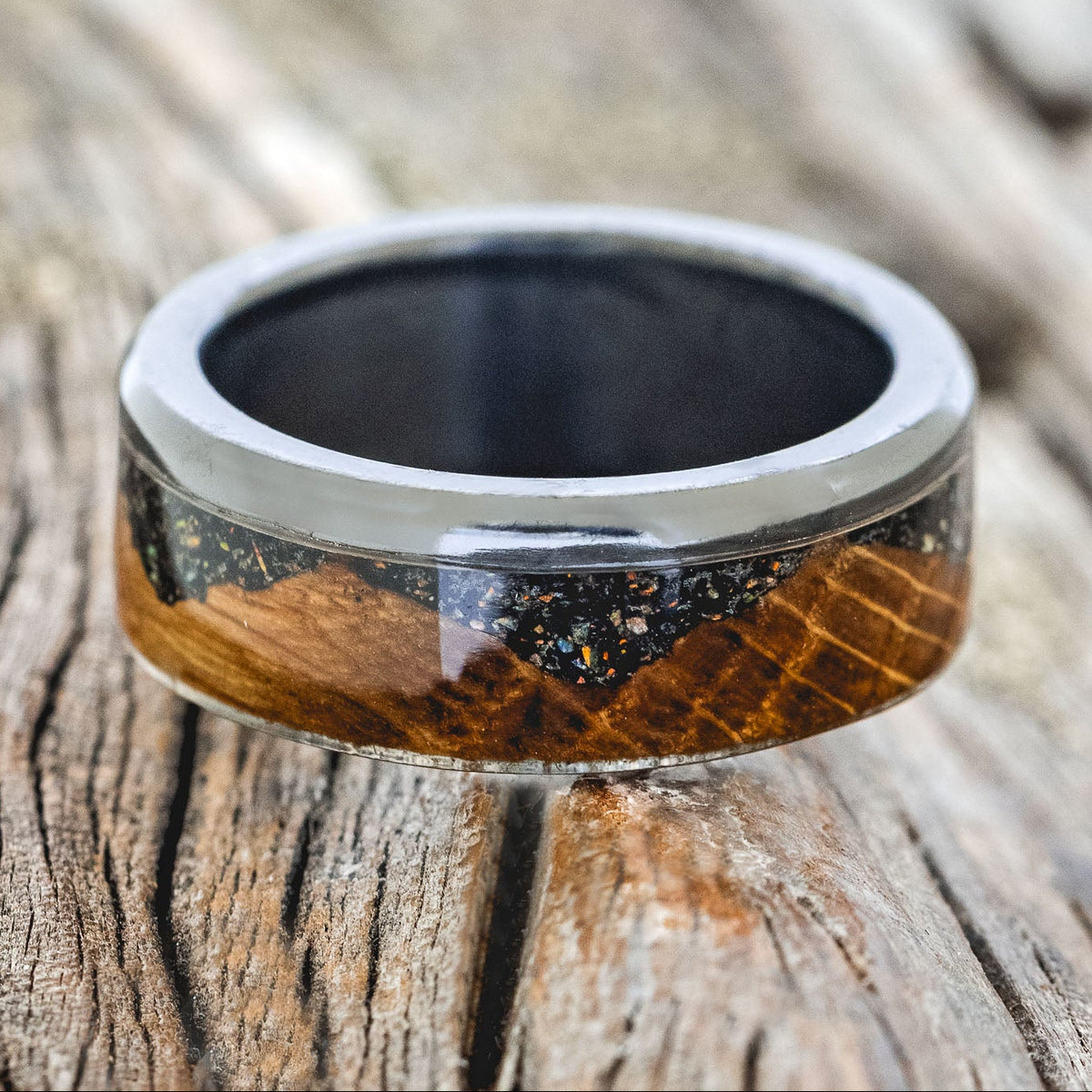 "EZRA" - WHISKEY BARREL OAK WITH JET STONE & OPAL MIX WEDDING BAND-3