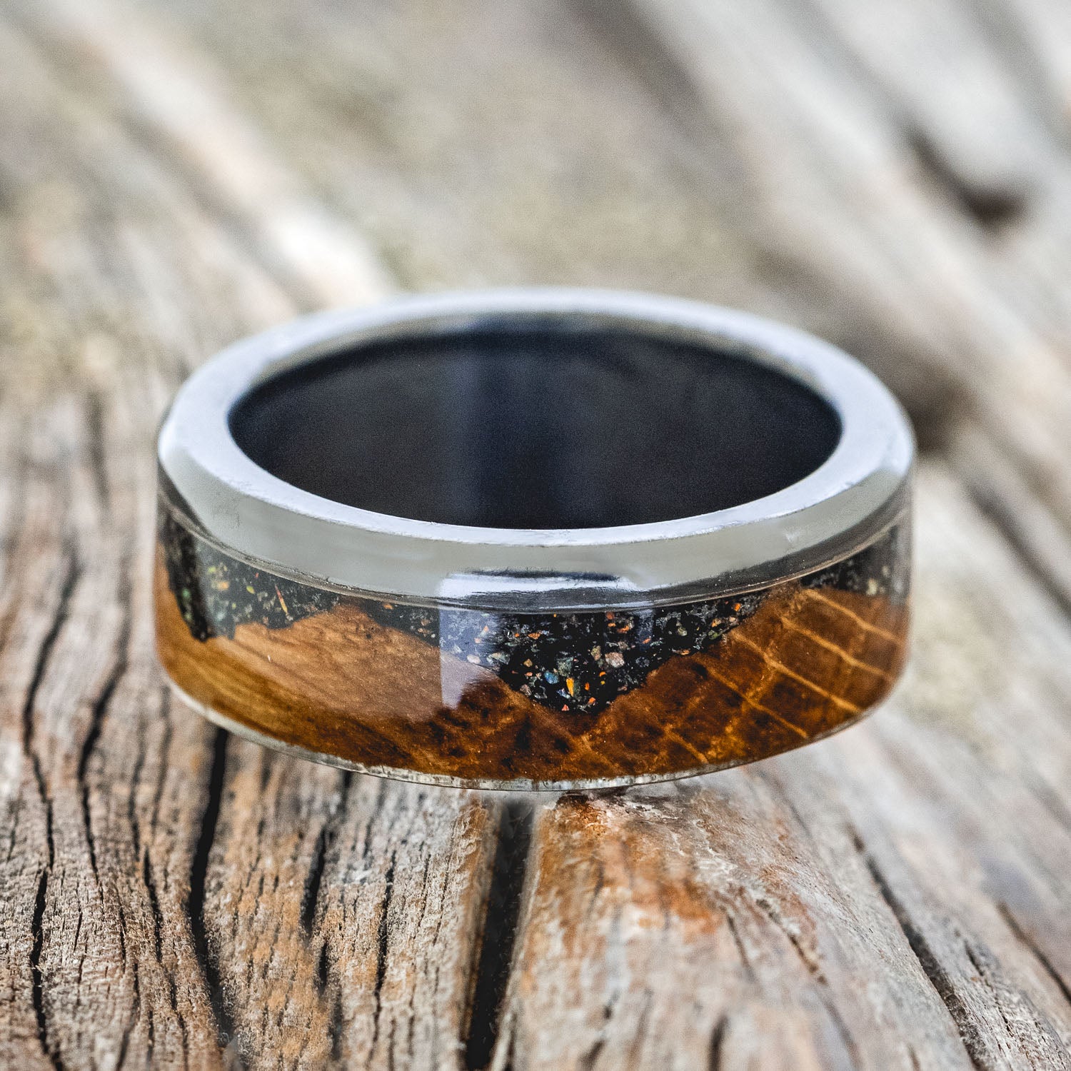 "EZRA" - WHISKEY BARREL OAK WITH JET STONE & OPAL MIX WEDDING BAND-3