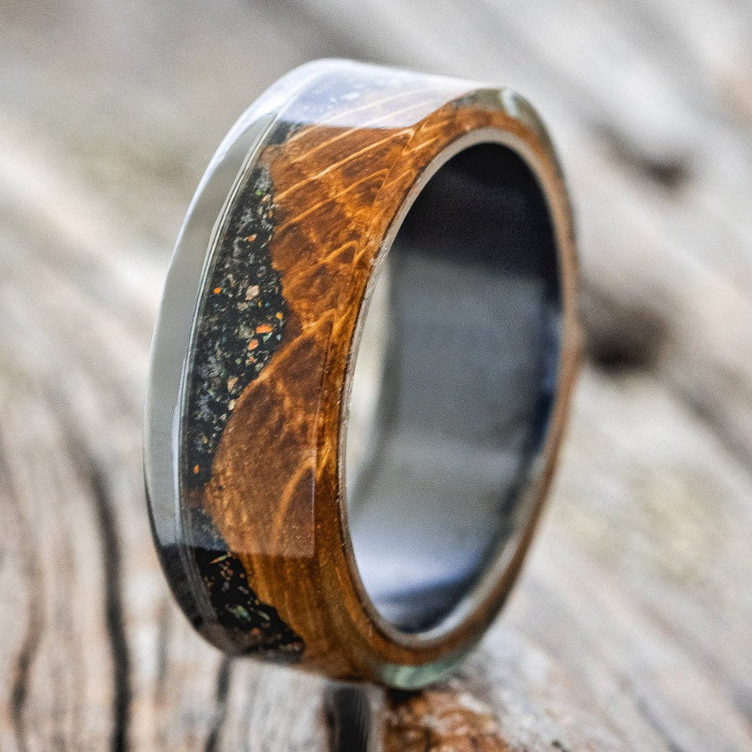 "EZRA" - WHISKEY BARREL OAK WITH JET STONE & OPAL MIX WEDDING BAND-2