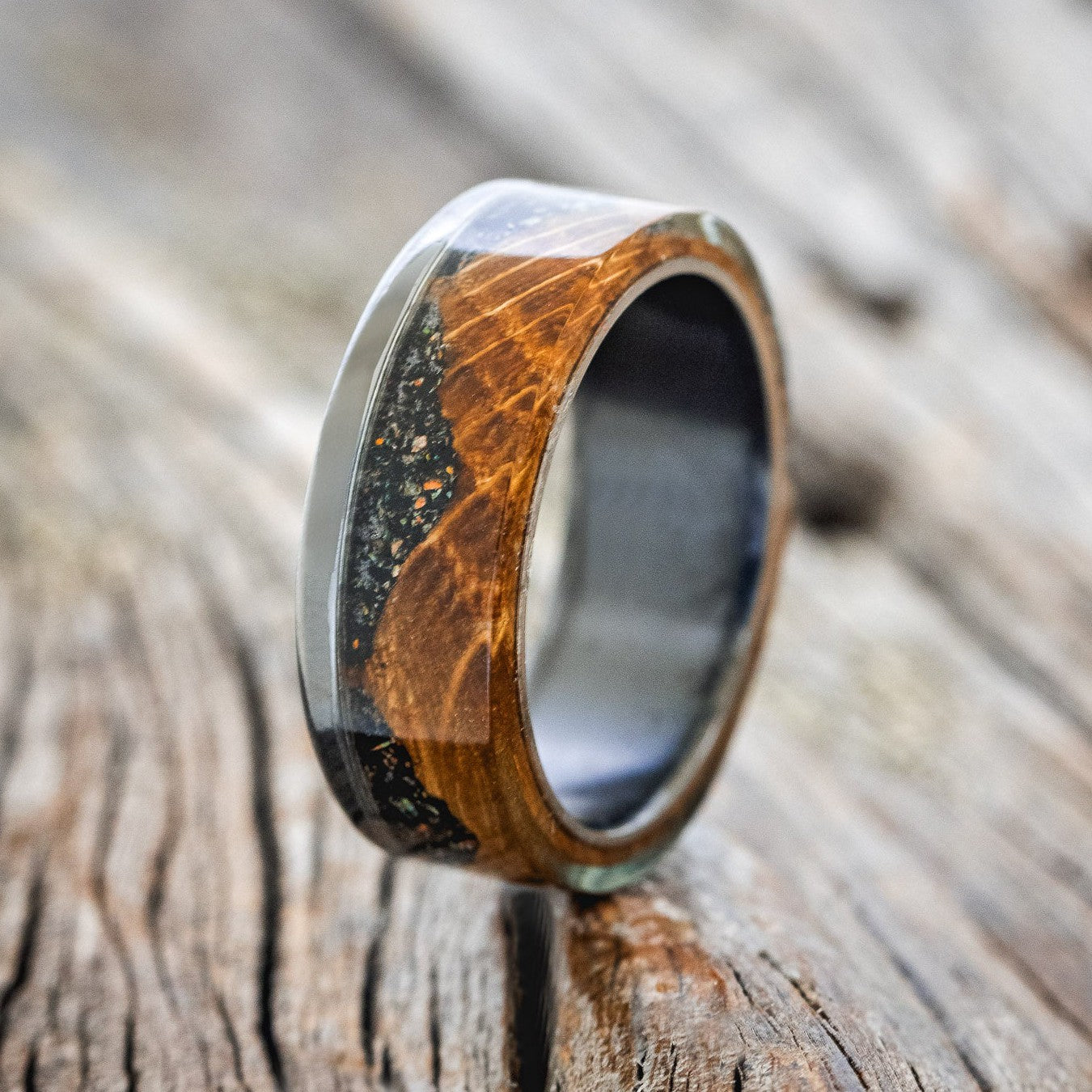 "EZRA" - WHISKEY BARREL OAK WITH JET STONE & OPAL MIX WEDDING BAND-2