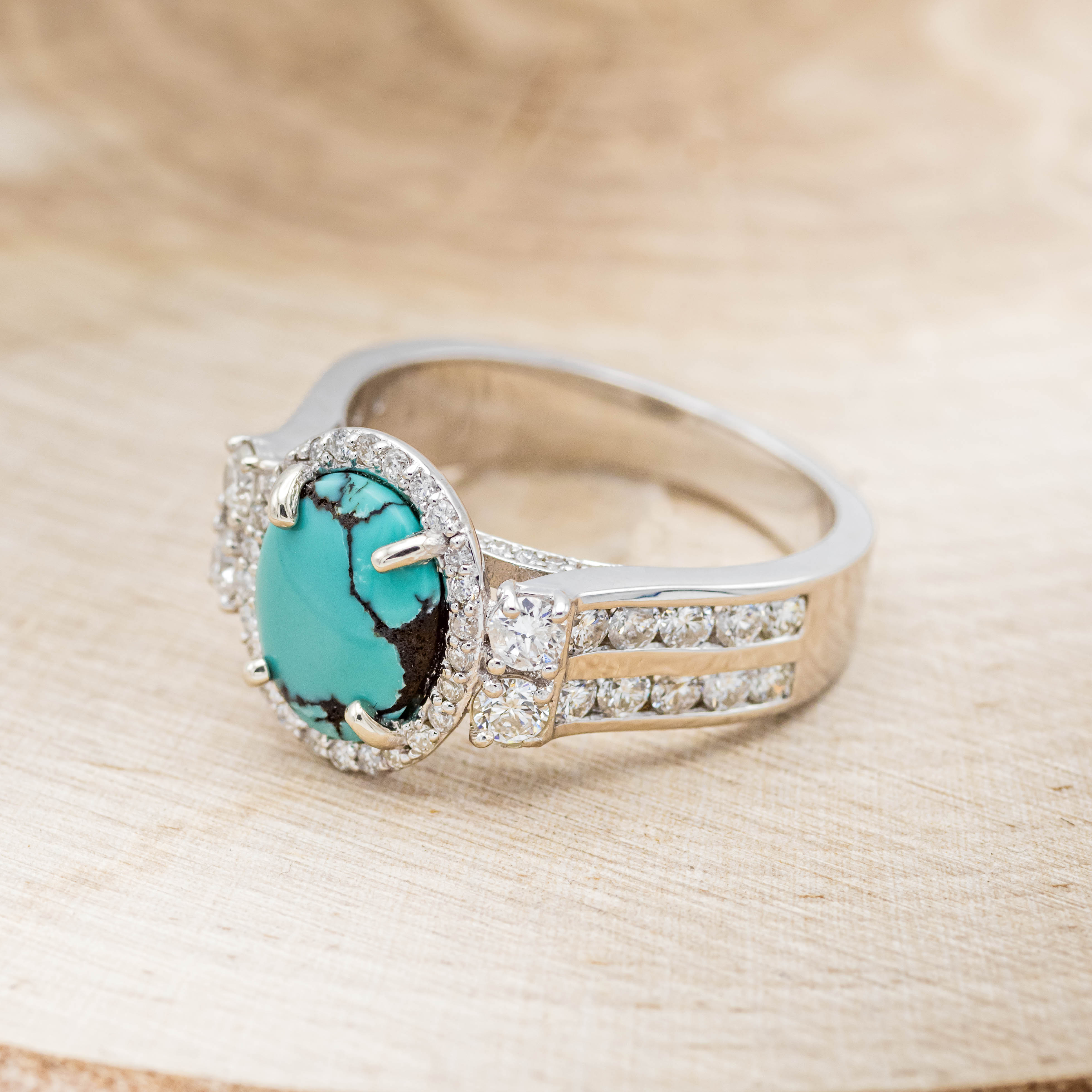 "FANCY" - OVAL TURQUOISE ENGAGEMENT RING WITH DIAMOND HALO & ACCENTS-10
