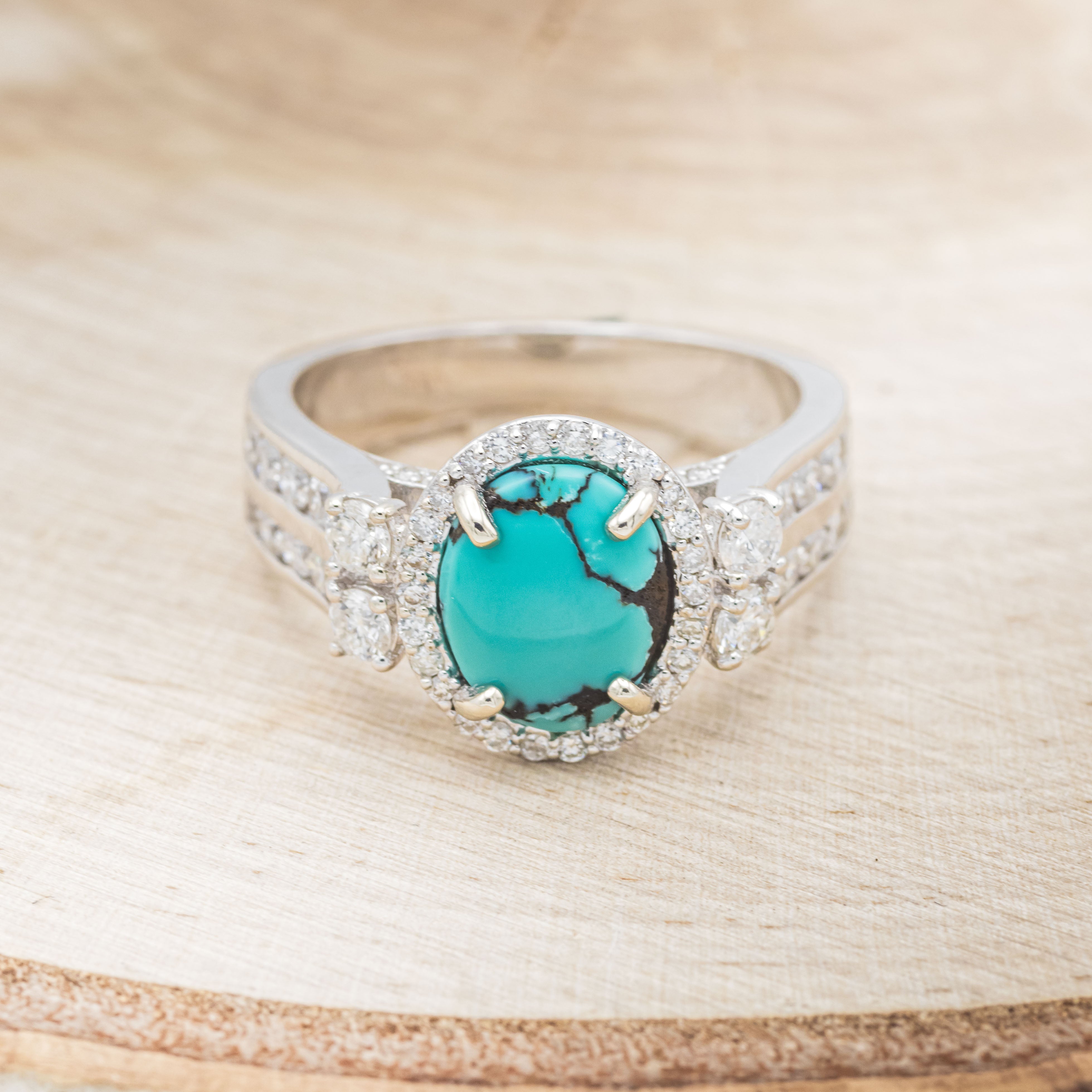 "FANCY" - OVAL TURQUOISE ENGAGEMENT RING WITH DIAMOND HALO & ACCENTS-11
