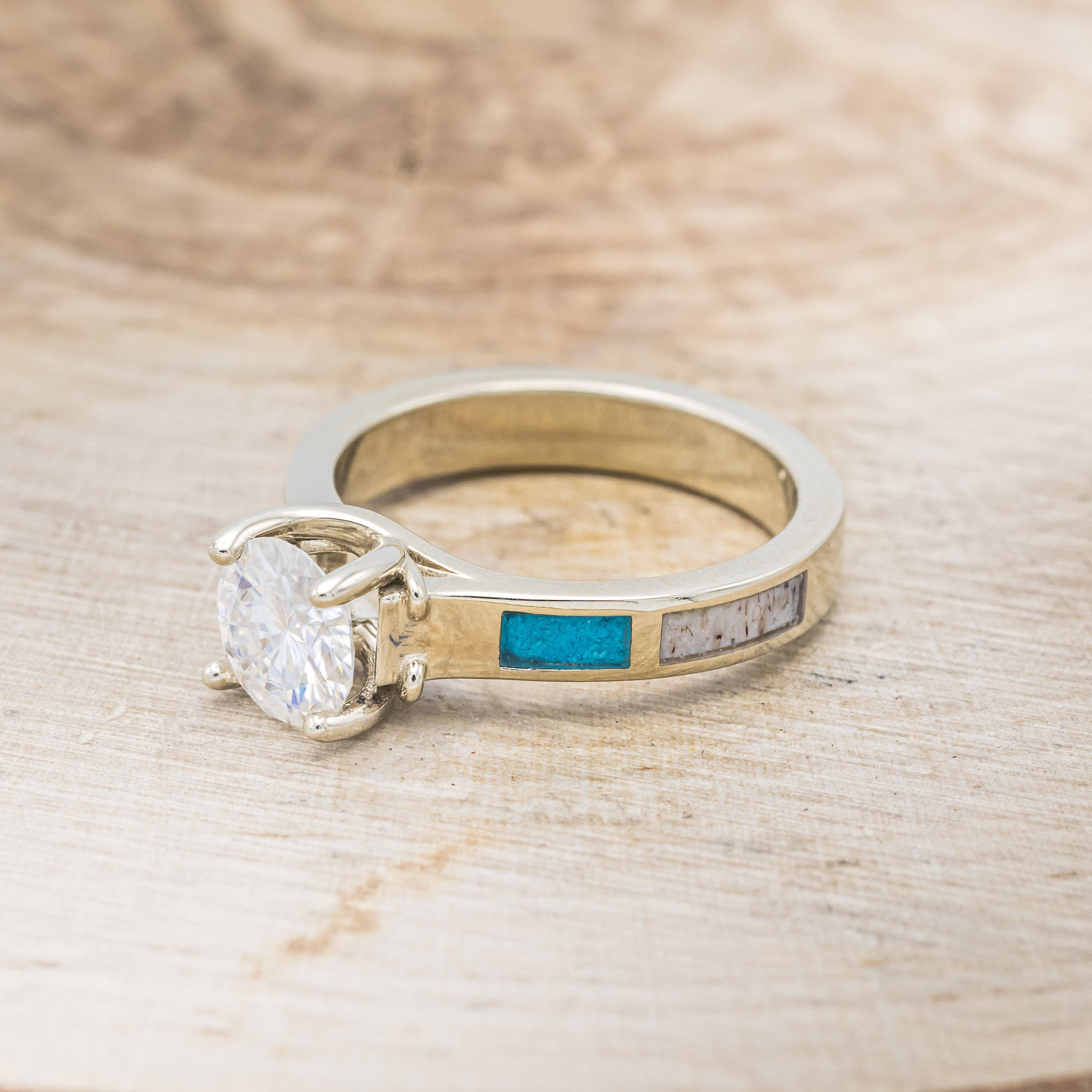 "FAWN" - ROUND CUT MOISSANITE ANTLER PRONGED ENGAGEMENT RING WITH ANTLER & TURQUOISE INLAYS-3