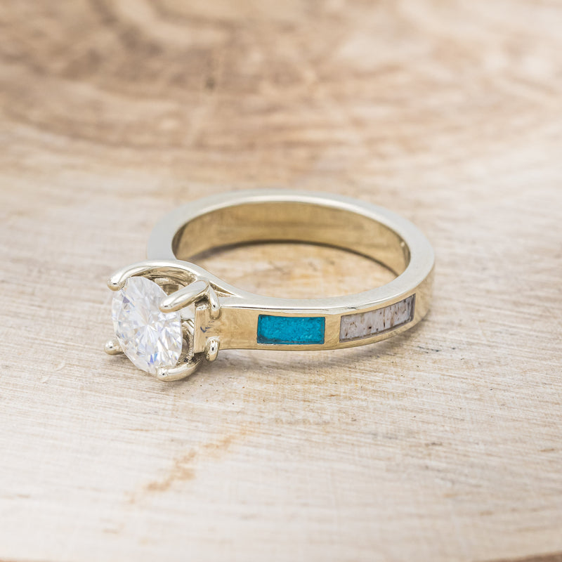 "FAWN" - ROUND CUT MOISSANITE ANTLER PRONGED ENGAGEMENT RING WITH ANTLER & TURQUOISE INLAYS