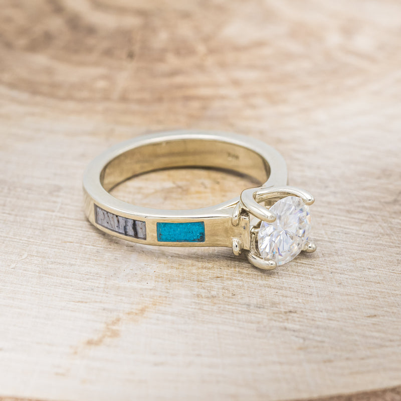 "FAWN" - ROUND CUT MOISSANITE ANTLER PRONGED ENGAGEMENT RING WITH ANTLER & TURQUOISE INLAYS