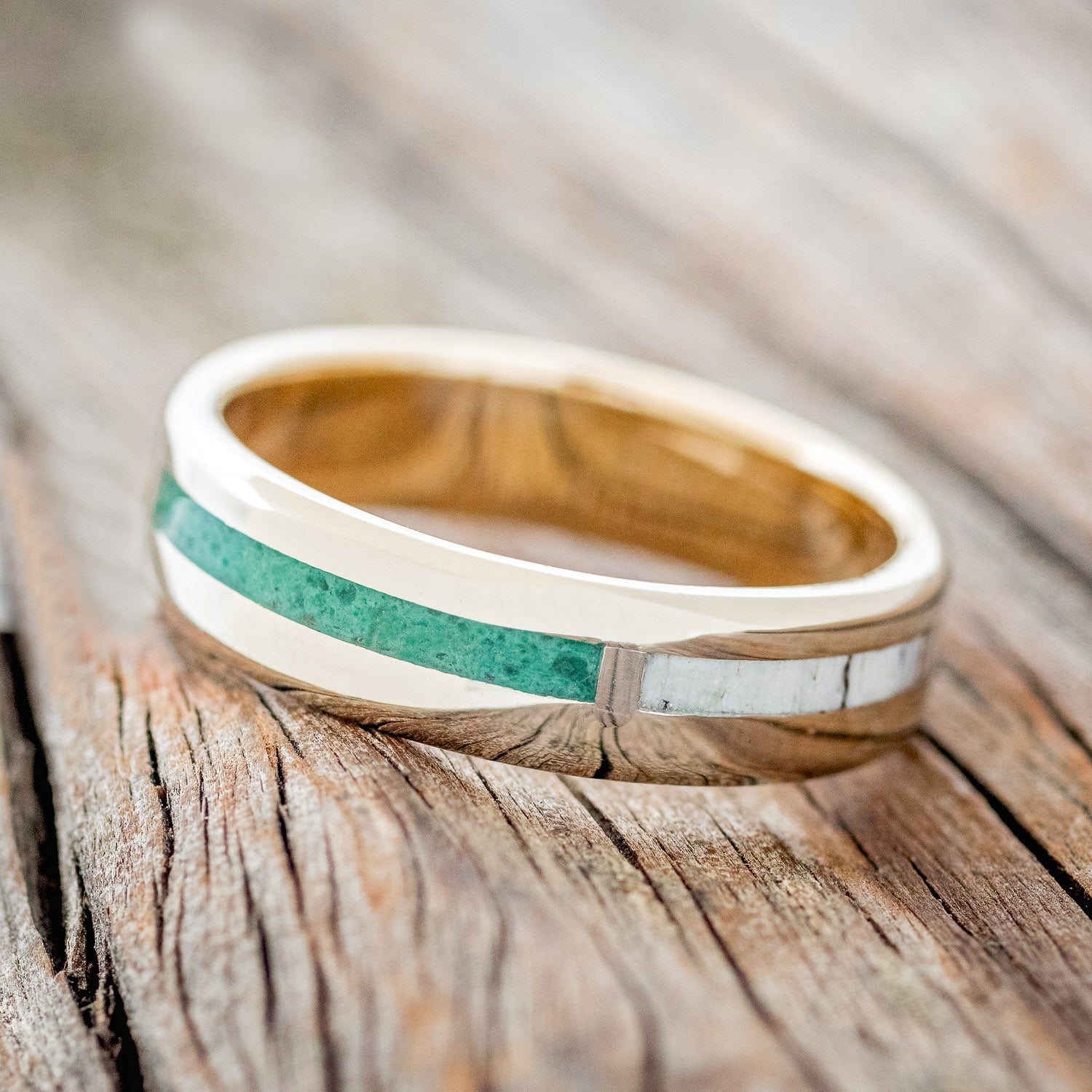 "FOUR CORNERS" - ANTLER, MALACHITE, WHISKEY BARREL OAK & PATINA COPPER WEDDING BAND-5