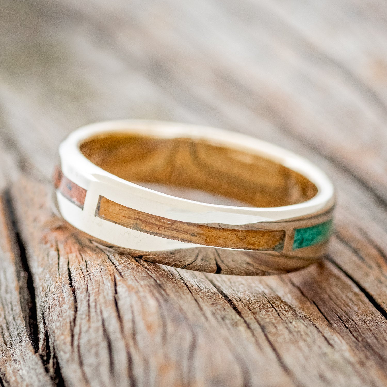 "FOUR CORNERS" - ANTLER, MALACHITE, WHISKEY BARREL OAK & PATINA COPPER WEDDING BAND-3