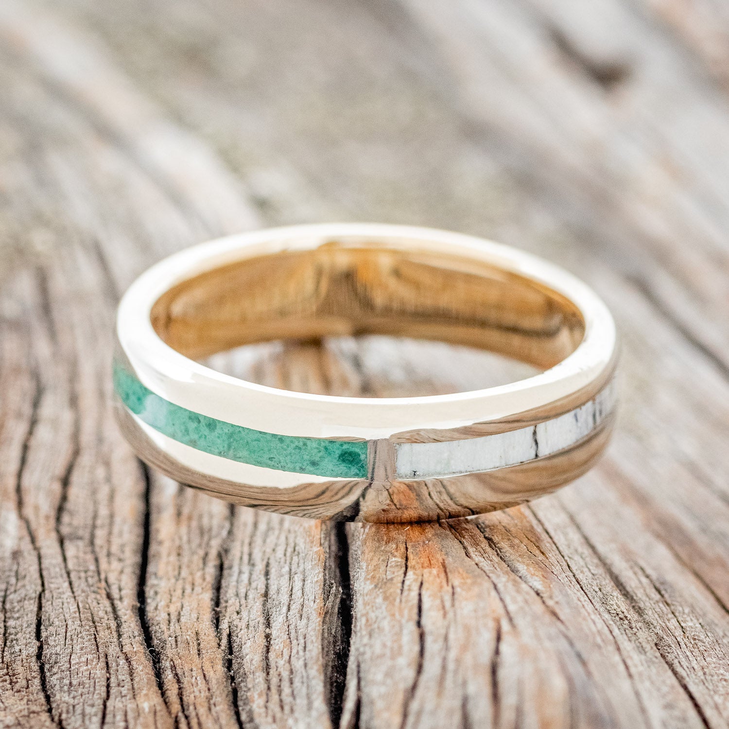 "FOUR CORNERS" - ANTLER, MALACHITE, WHISKEY BARREL OAK & PATINA COPPER WEDDING BAND-9