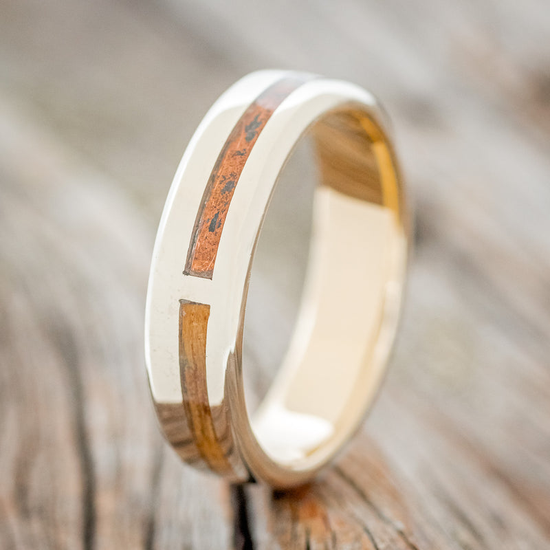 "FOUR CORNERS" - ANTLER, MALACHITE, WHISKEY BARREL OAK & PATINA COPPER WEDDING BAND WITH 14K YELLOW GOLD LINING - 14K WHITE GOLD (6MM) - SIZE 10 1/2-2