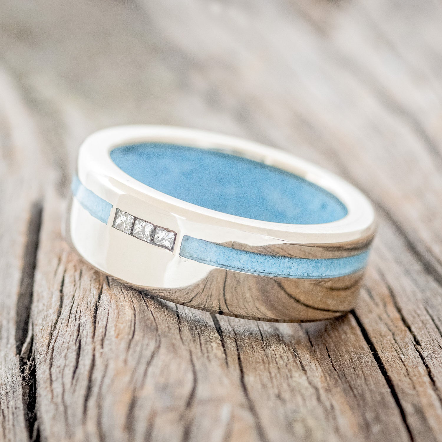 "JULIAN" - DIAMONDS WITH TURQUOISE INLAY & LINING WEDDING BAND-3
