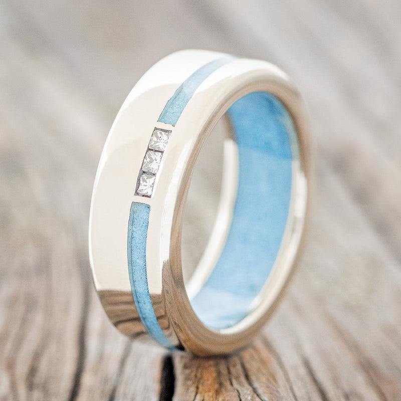 "JULIAN" - DIAMONDS WITH TURQUOISE INLAY & LINING WEDDING BAND-1