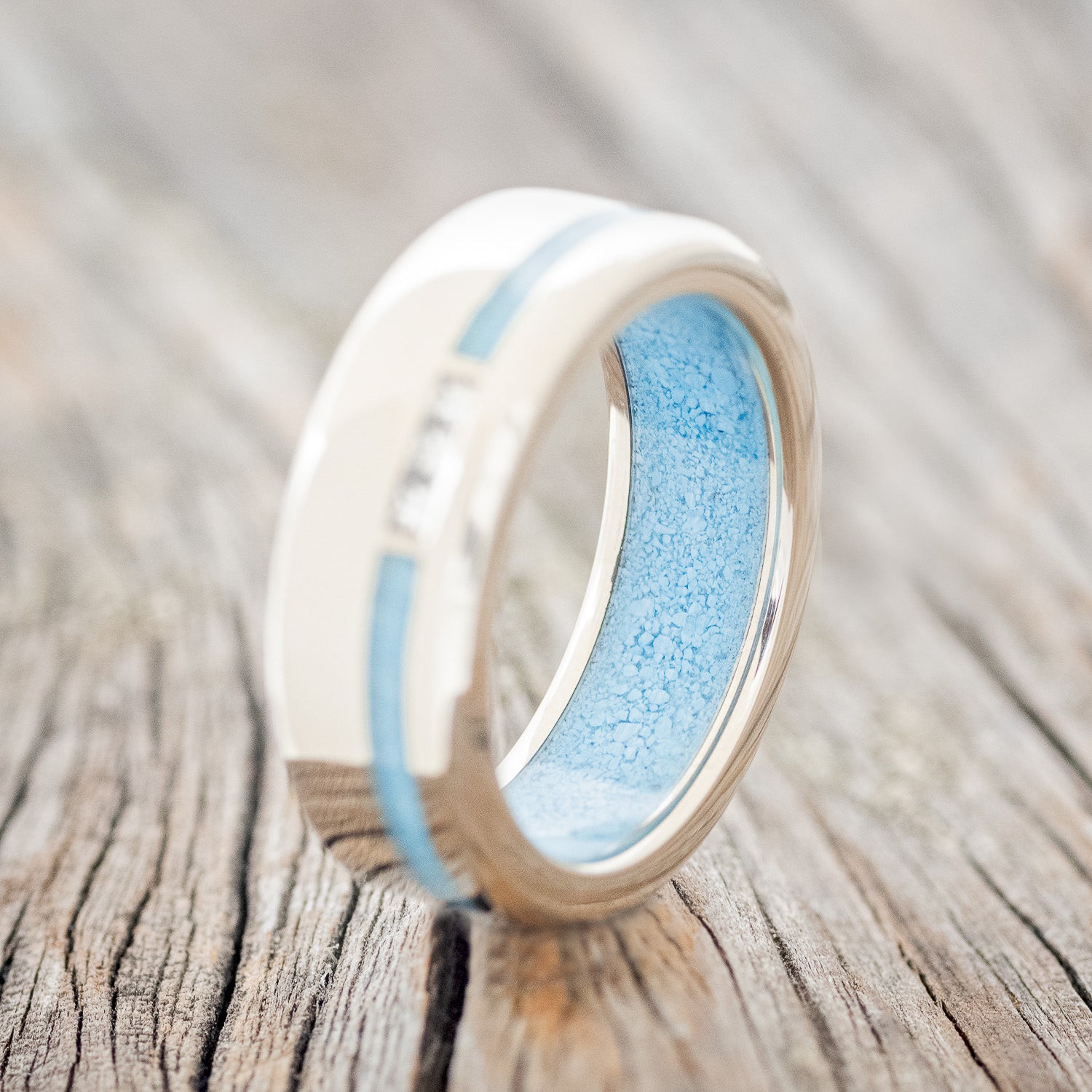 "JULIAN" - DIAMONDS WITH TURQUOISE INLAY & LINING WEDDING BAND-2