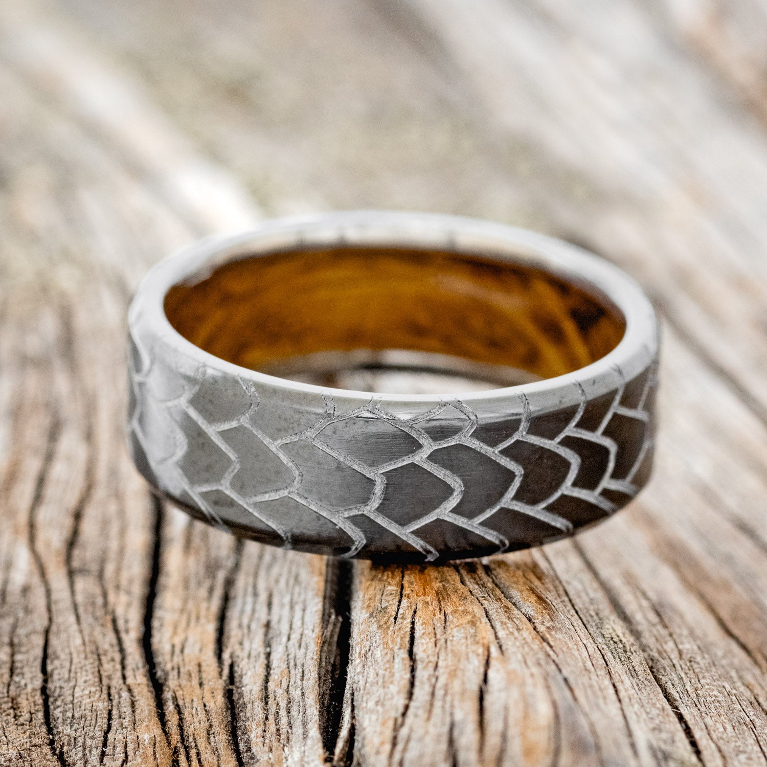 "ECHO" - DRAGON SCALE WEDDING RING FEATURING A WHISKEY BARREL OAK LINING-5