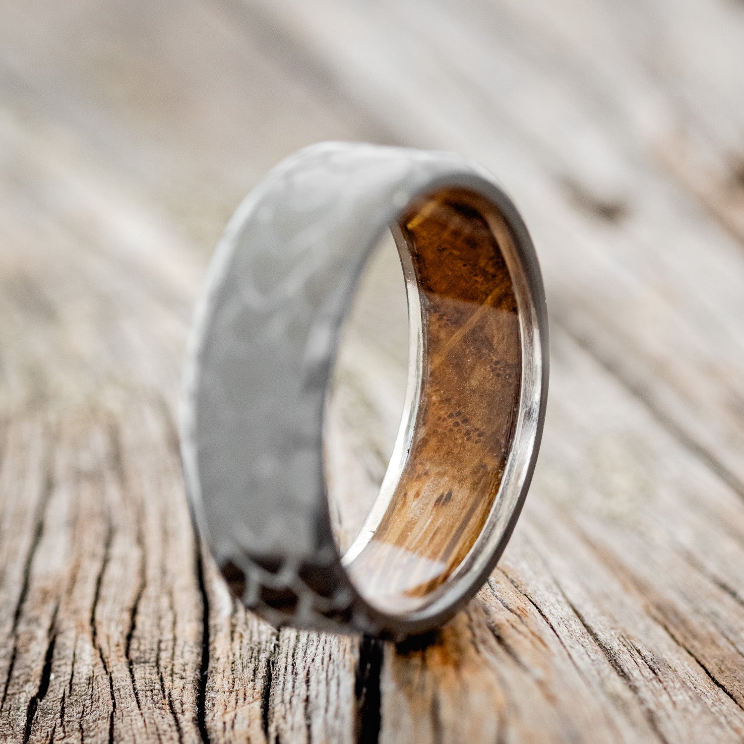 "ECHO" - DRAGON SCALE WEDDING RING FEATURING A WHISKEY BARREL OAK LINING-2