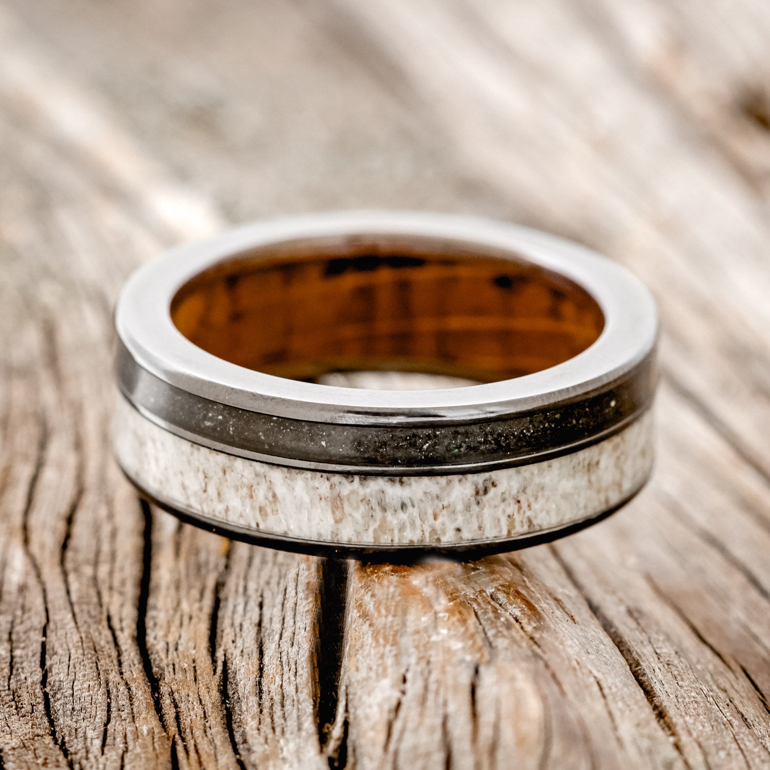 "RAPTOR" - ELK ANTLER & PYRITE WEDDING BAND WITH A WHISKEY BARREL OAK LINING-11