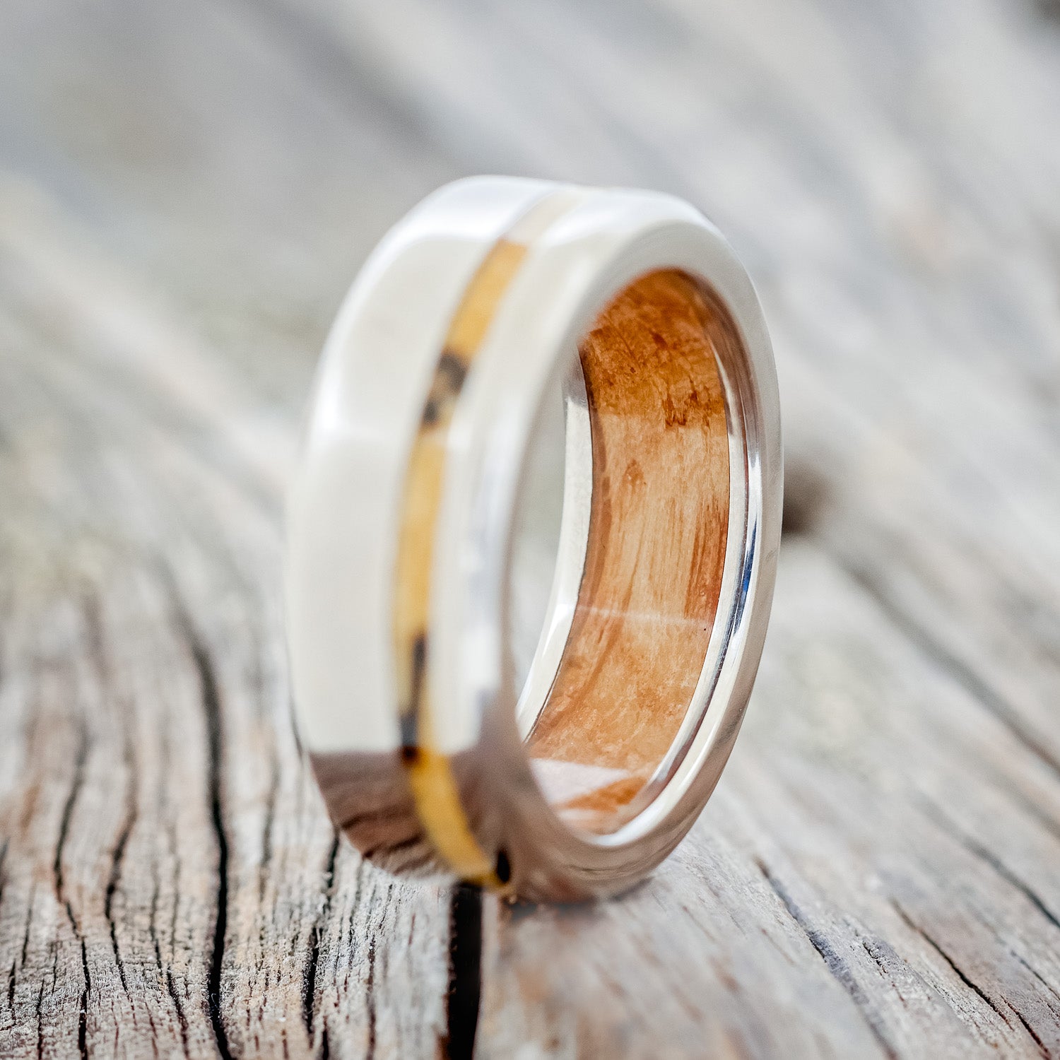 "VERTIGO" - SPALTED MAPLE WEDDING BAND WITH A WHISKEY BARREL LINING-2