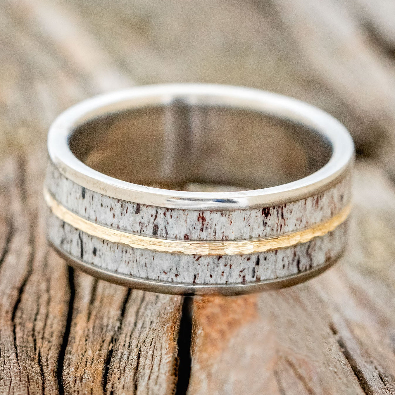 "DYAD" - ANTLER & HAMMERED 14K GOLD INLAY WEDDING BAND-3
