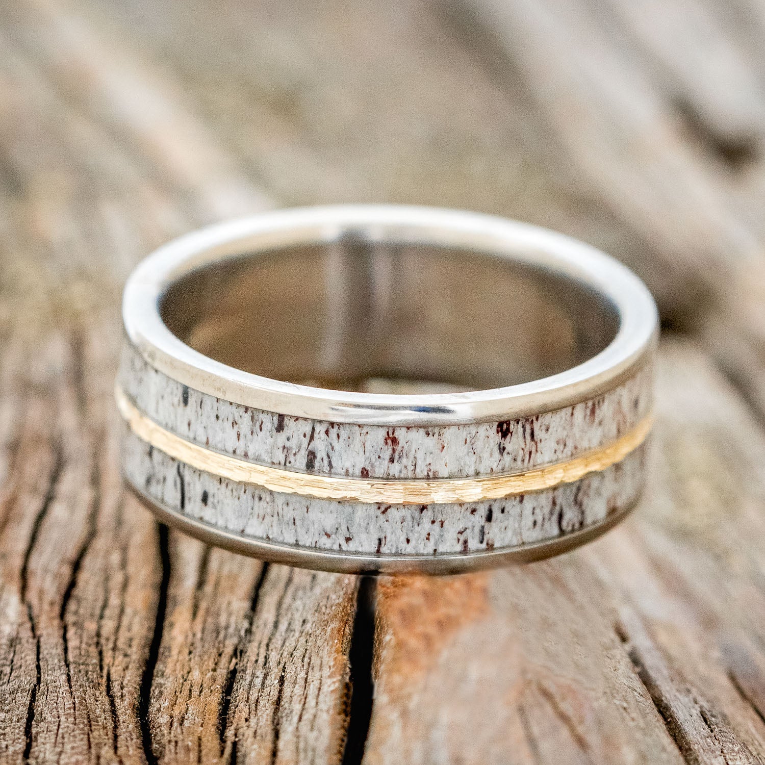 "DYAD" - ANTLER & HAMMERED 14K GOLD INLAY WEDDING BAND-3
