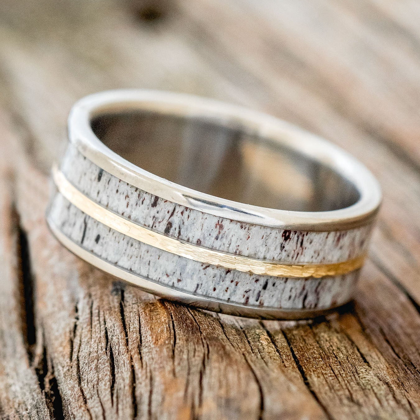 "DYAD" - ANTLER & HAMMERED 14K GOLD INLAY WEDDING BAND-2