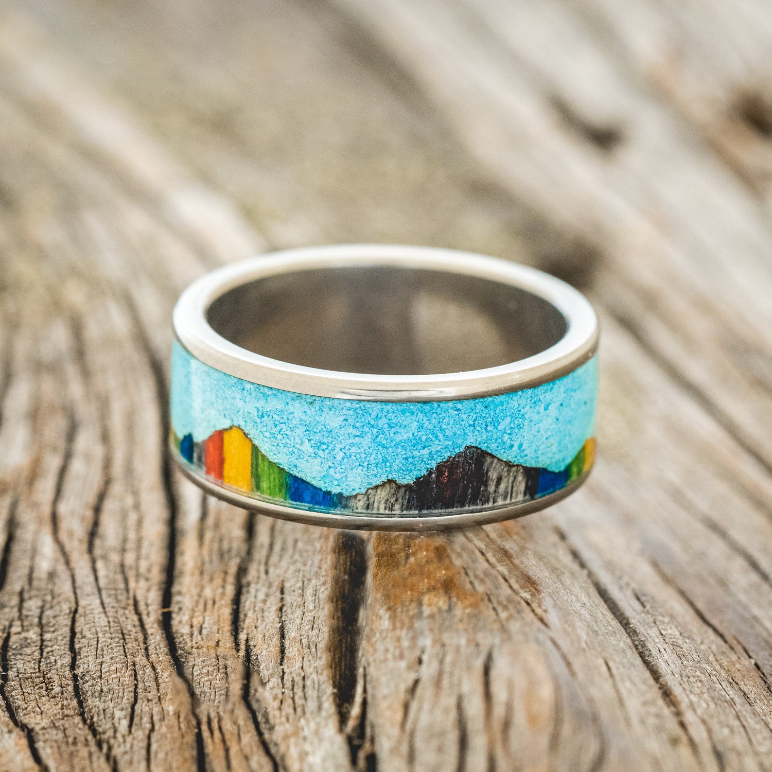 "HELIOS" - TURQUOISE & RAINBOW DYED BIRCH WOOD WEDDING BAND-3