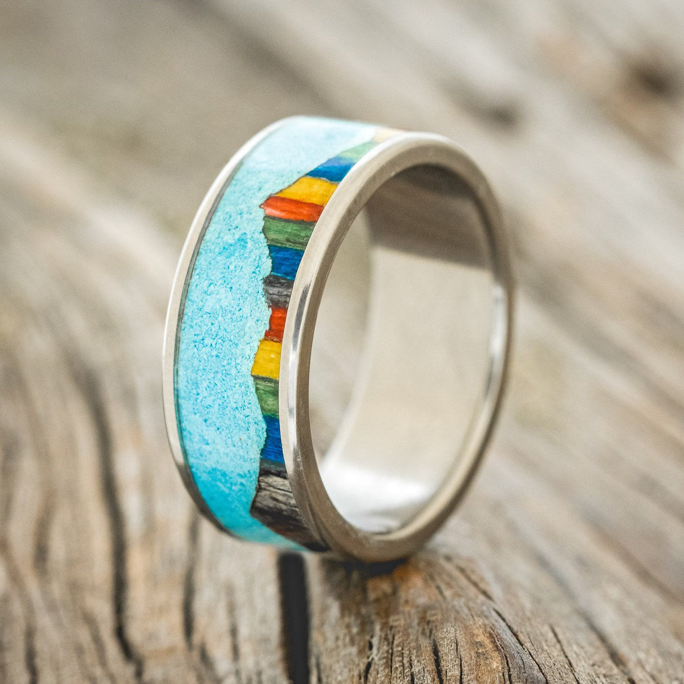 "HELIOS" - TURQUOISE & RAINBOW DYED BIRCH WOOD WEDDING BAND-2