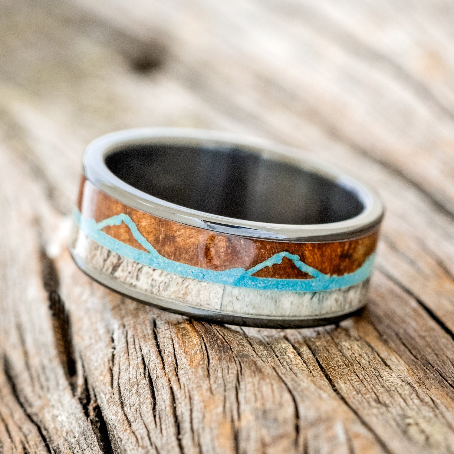 "THE EXPEDITION" - MOUNTAIN ENGRAVED WEDDING RING WITH REDWOOD, TURQUOISE & ANTLER-5