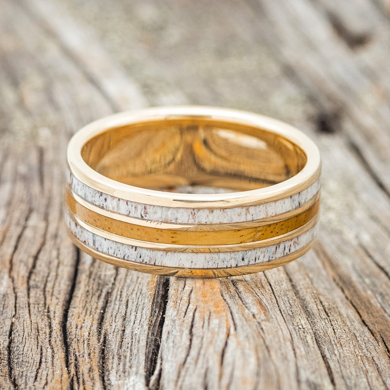 "RIO" - ANTLER & SPALTED MAPLE WEDDING RING FEATURING A 14K GOLD BAND