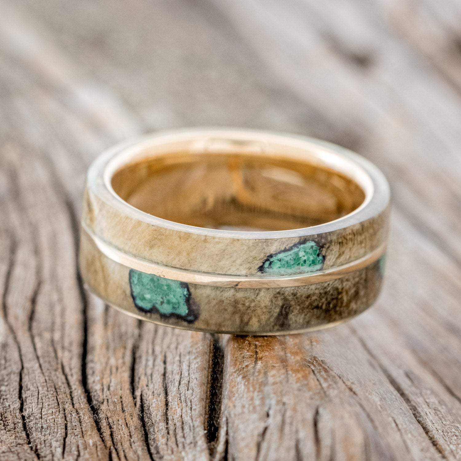 "GOLDEN" - BUCKEYE BURL WOOD & MALACHITE WEDDING RING FEATURING A 14K GOLD BAND-3