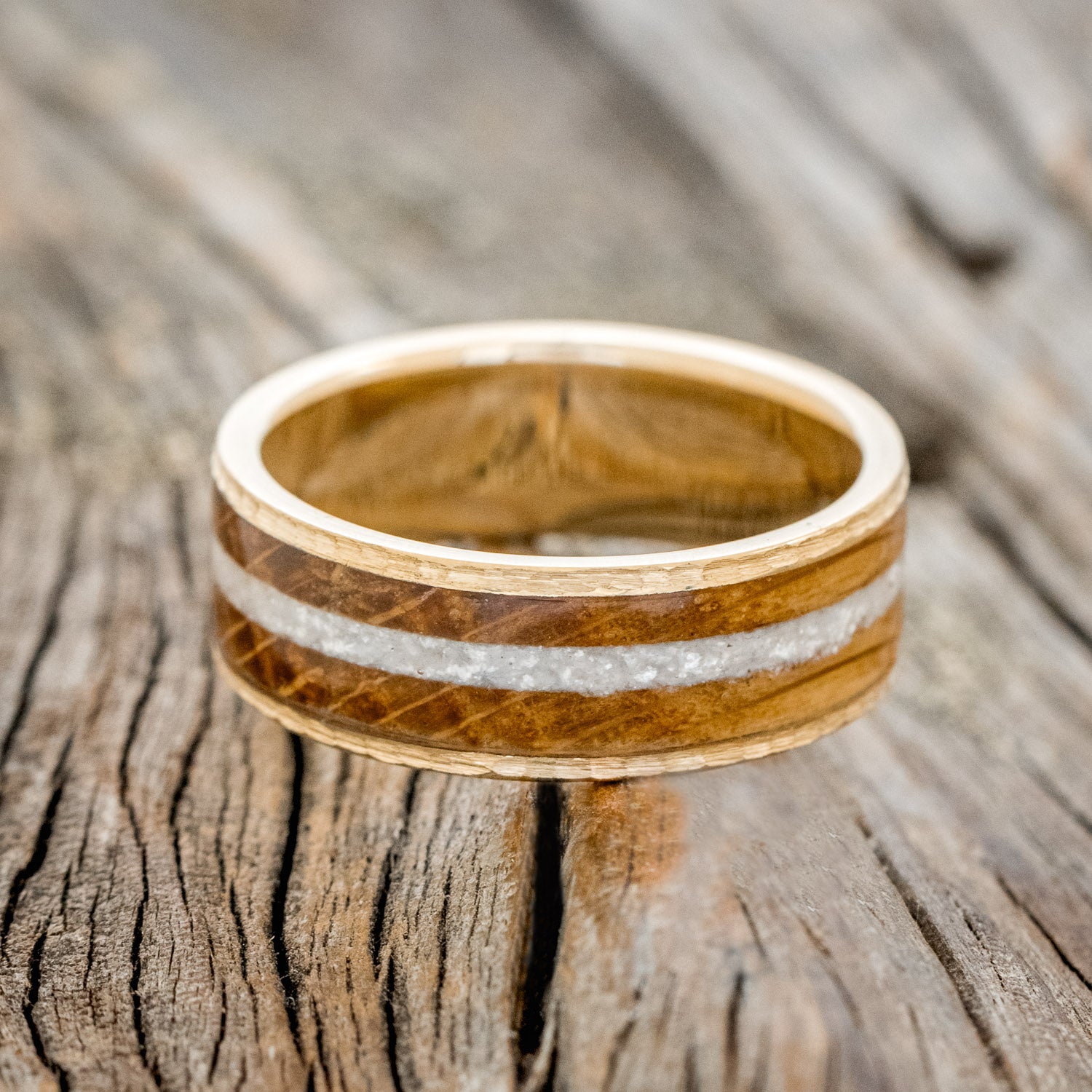 "RAINIER" - DIAMOND DUST & WHISKEY BARREL OAK WEDDING RING FEATURING A HAMMERED 14K GOLD BAND-3