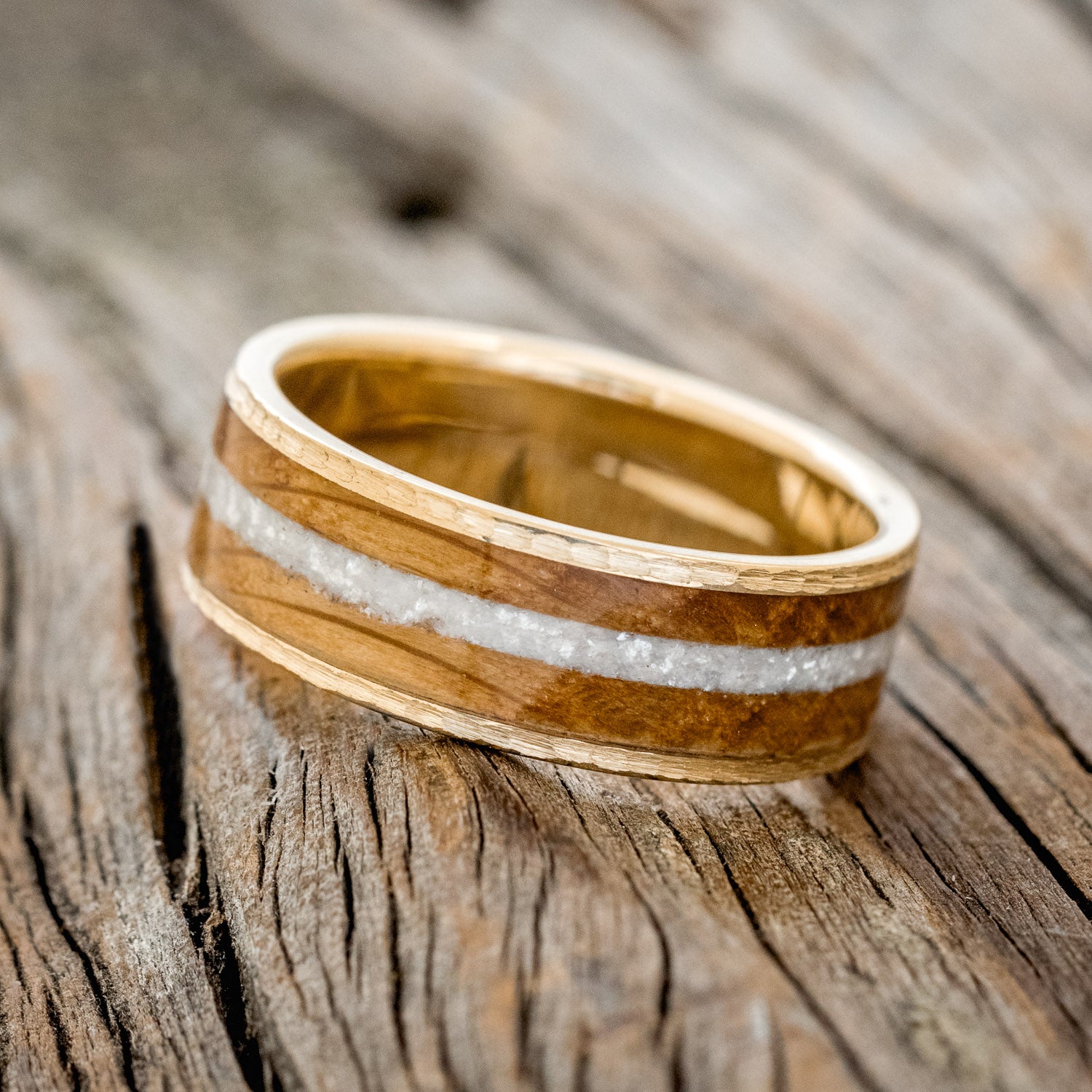 "RAINIER" - DIAMOND DUST & WHISKEY BARREL OAK WEDDING RING FEATURING A HAMMERED 14K GOLD BAND-2